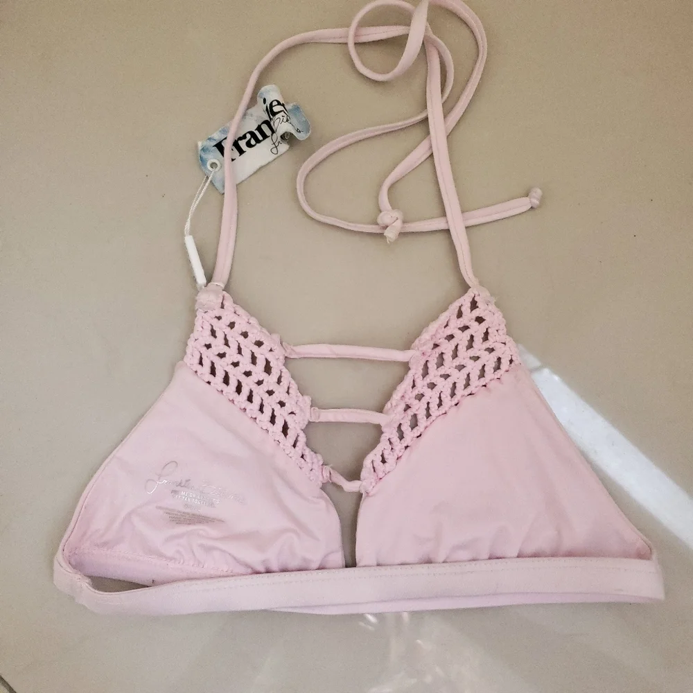 Frankie's Small Sienna Light‎ Pink Crochet Open Knit Tie Triangle Bikini Top